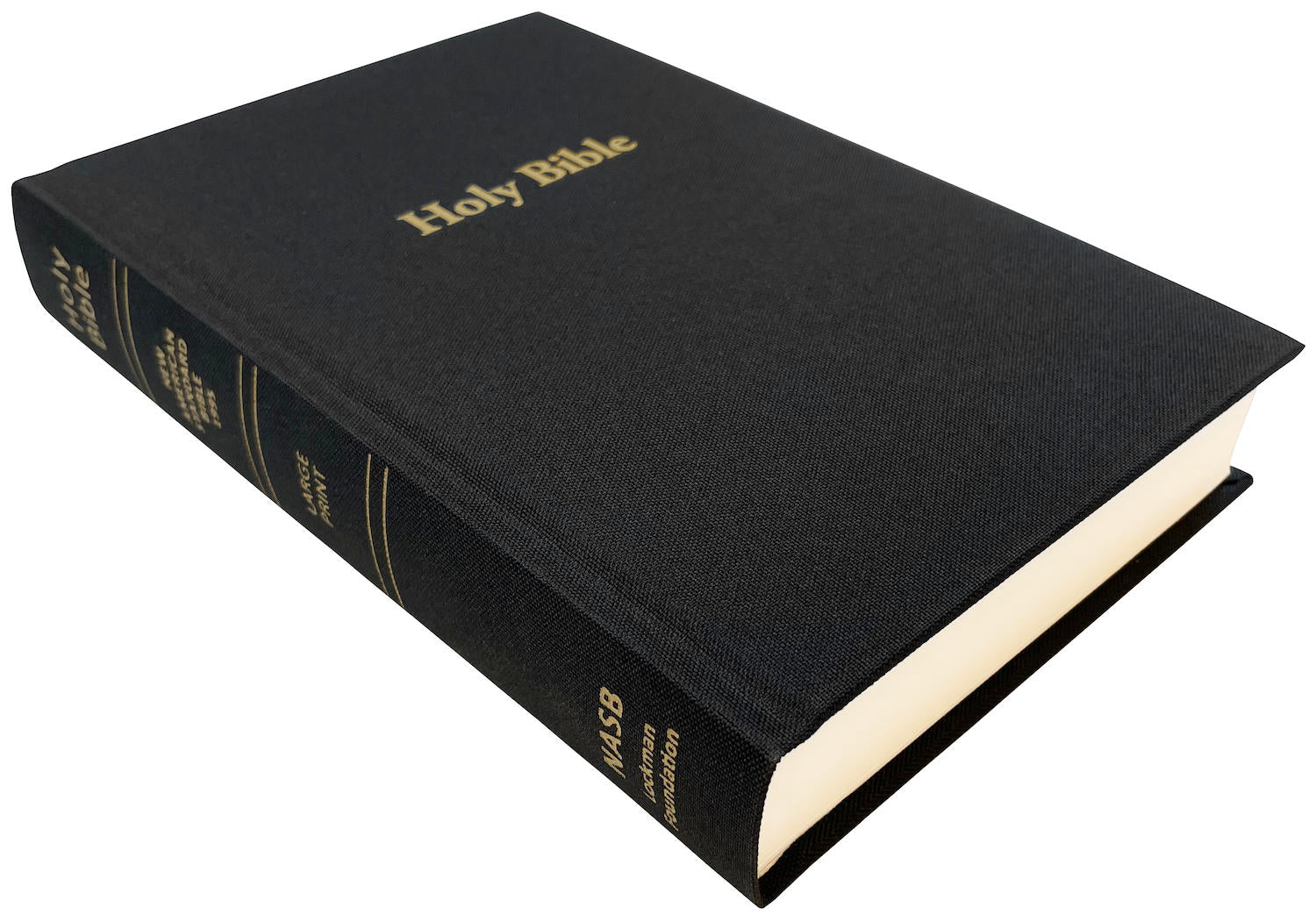 NASB 1995 Large Print Pew Bible, black linen cloth hardcover, angled side view