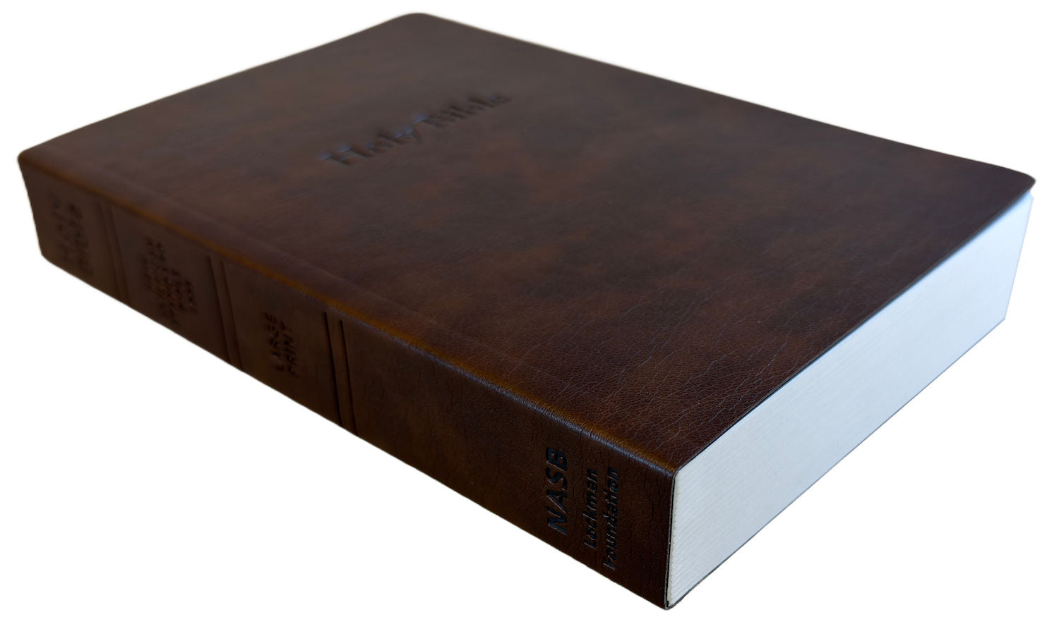 NASB 1995 Large Print Text Bible, brown leathertex, angled side view