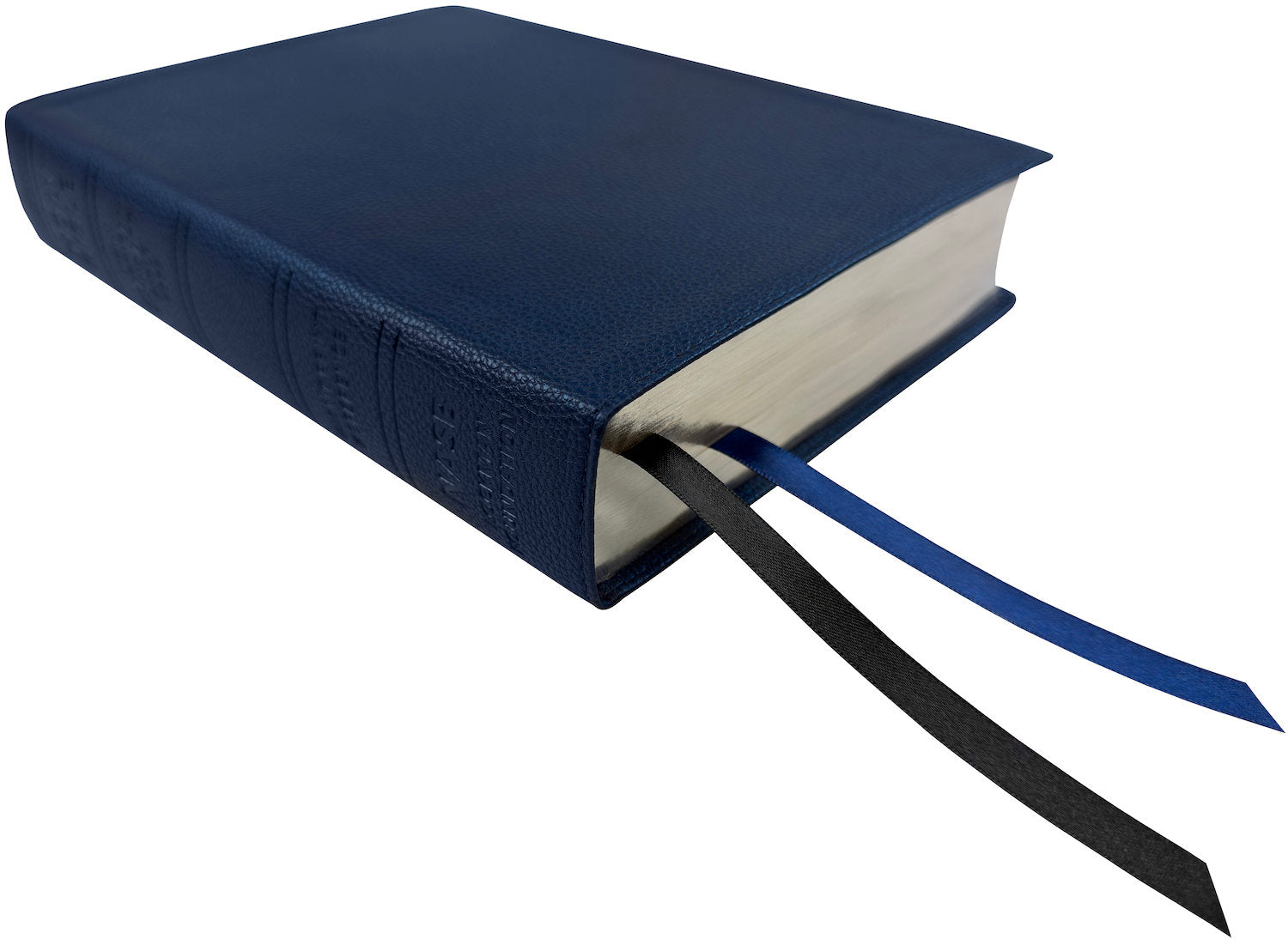NASB 1995 Giant Print Reference Bible, blue leathertex, angled side view with ribbon markers