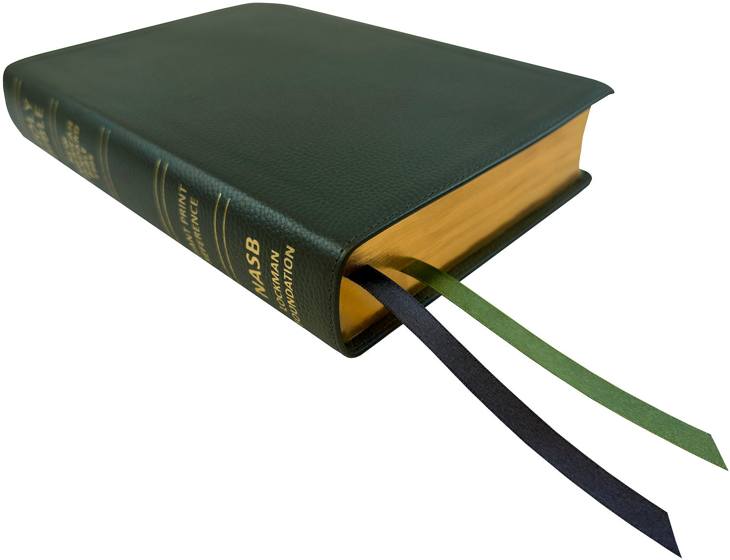 NASB 1995 Giant Print Reference Bible, green genuine cowhide leather, angled side view with ribbon markers
