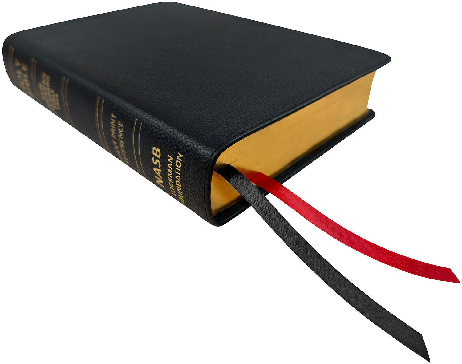 NASB 1995 Giant Print Reference Bible, black genuine cowhide leather, angled side view with ribbon markers