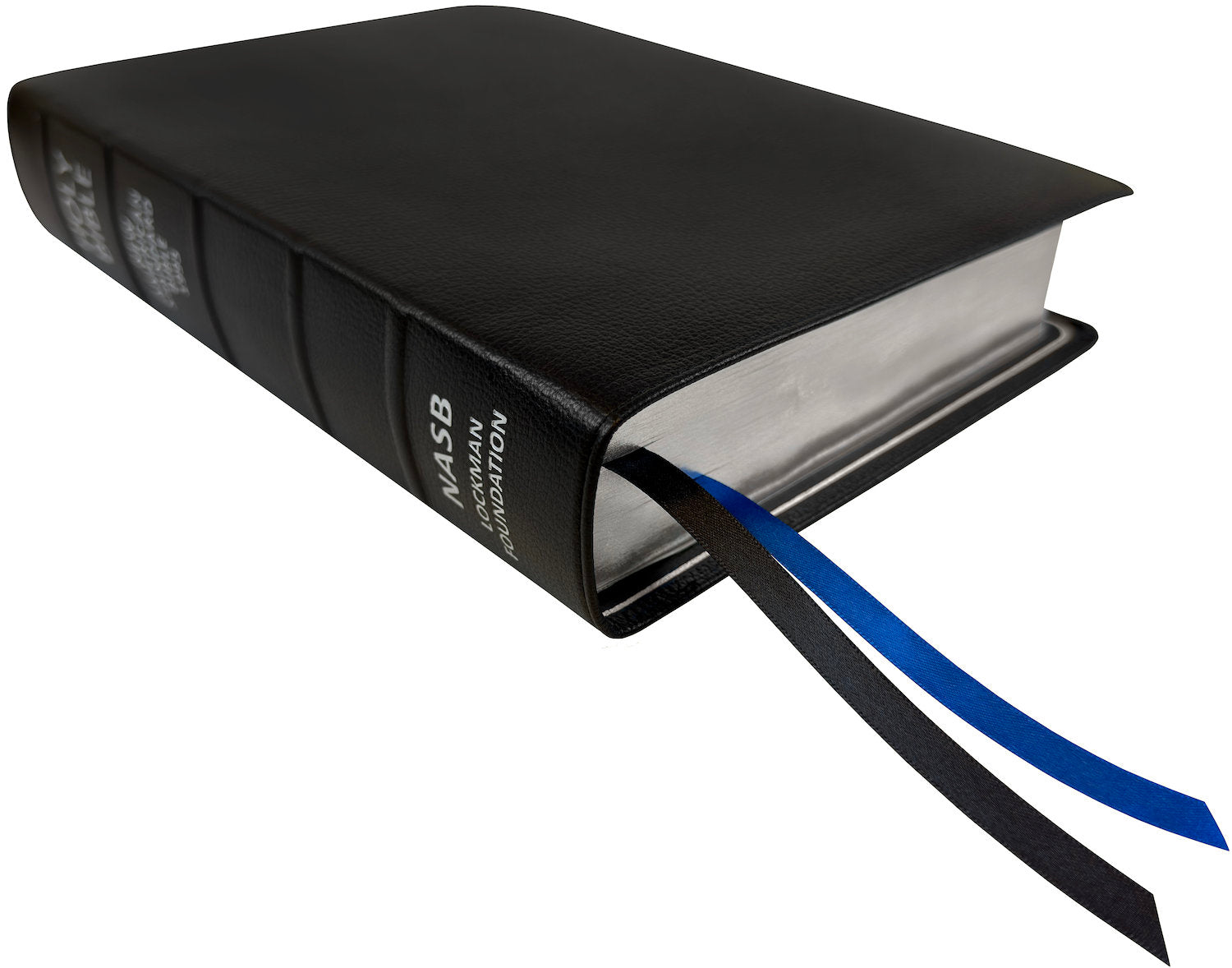 NASB 1995 Prime Giant Print Reference Bible, black premium goatskin leather, angled side view with ribbon markers