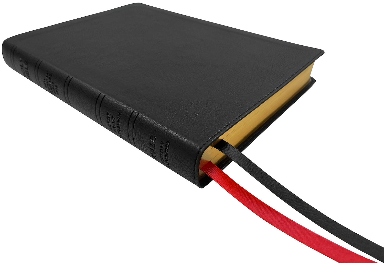 NASB 1995 Large Print Ultrathin Reference Bible, black leathertex, angled side view with ribbon markers