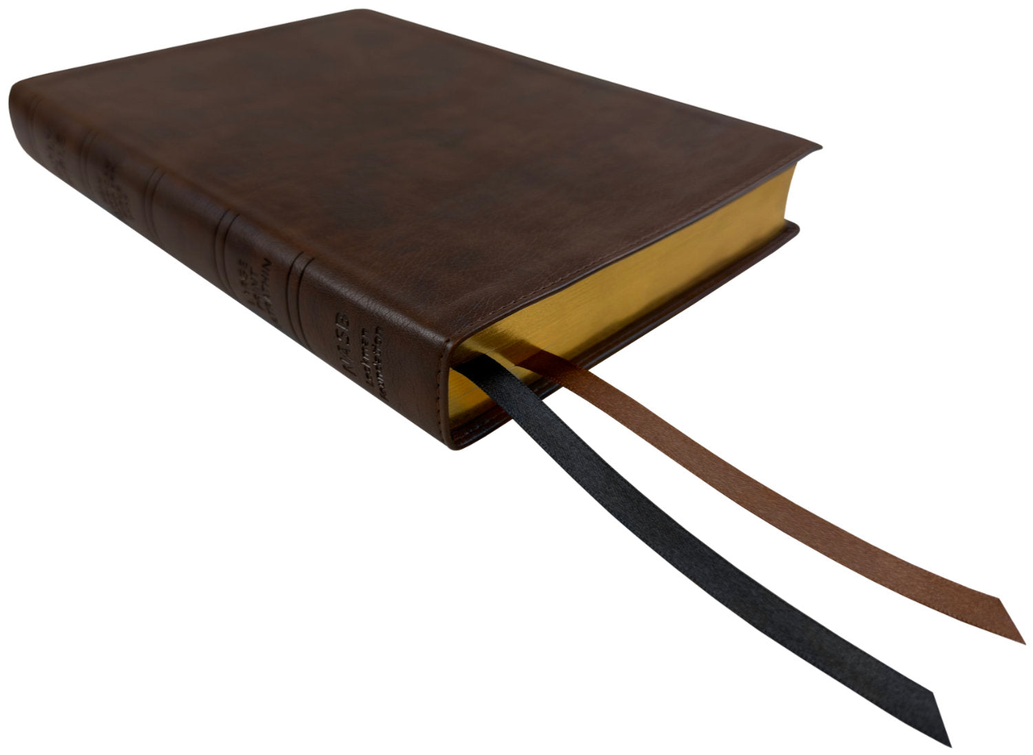 NASB 1995 Large Print Ultrathin Reference Bible, brown leathertex, angled side view with ribbon markers