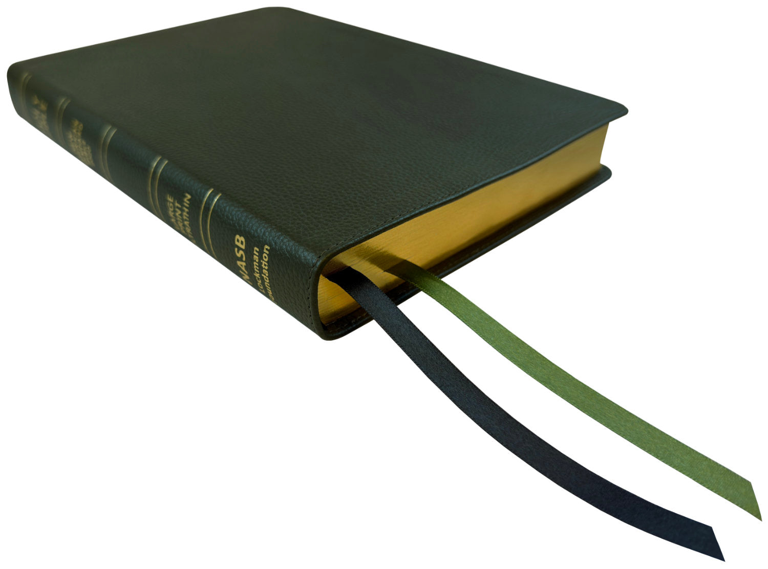 NASB 1995 Large Print Ultrathin Reference Bible, green genuine cowhide leather, angled side view with ribbon markers