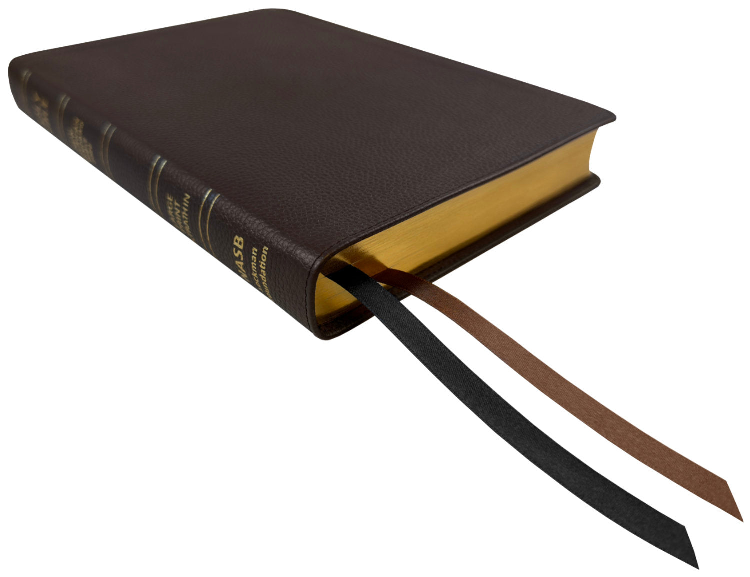 NASB 1995 Large Print Ultrathin Reference Bible, brown genuine cowhide leather, angled side view with ribbon markers
