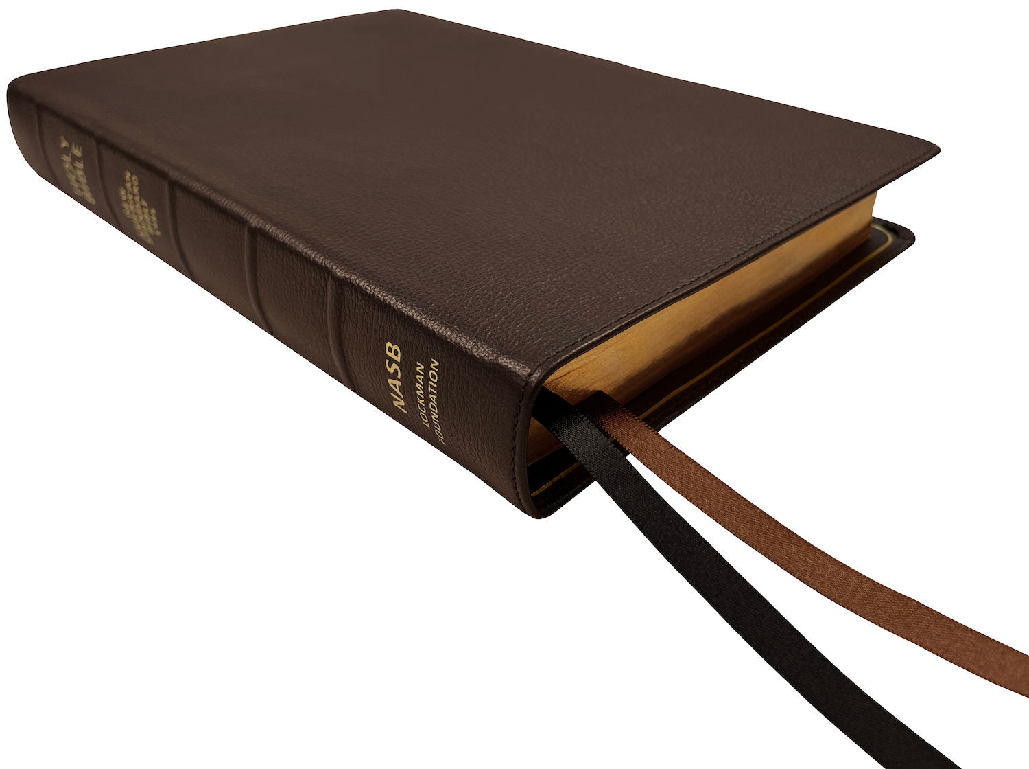NASB 1995 Prime Large Print Ultrathin Reference Bible, brown premium goatskin leather, angled side view with ribbon markers