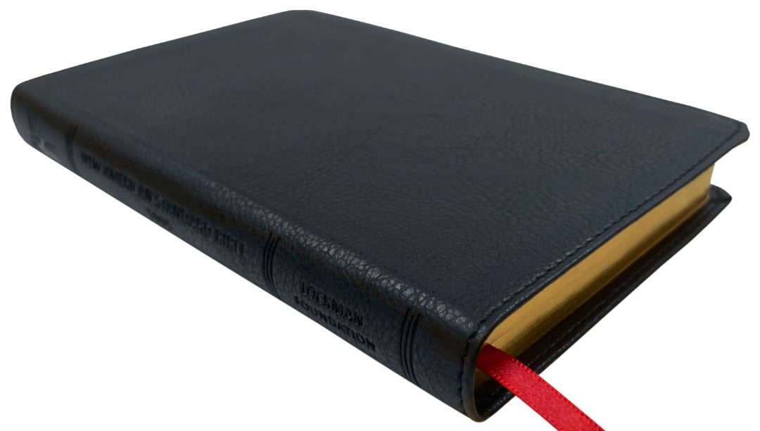 NASB 1995 Compact Text Bible, black leathertex, angled side view with ribbon marker
