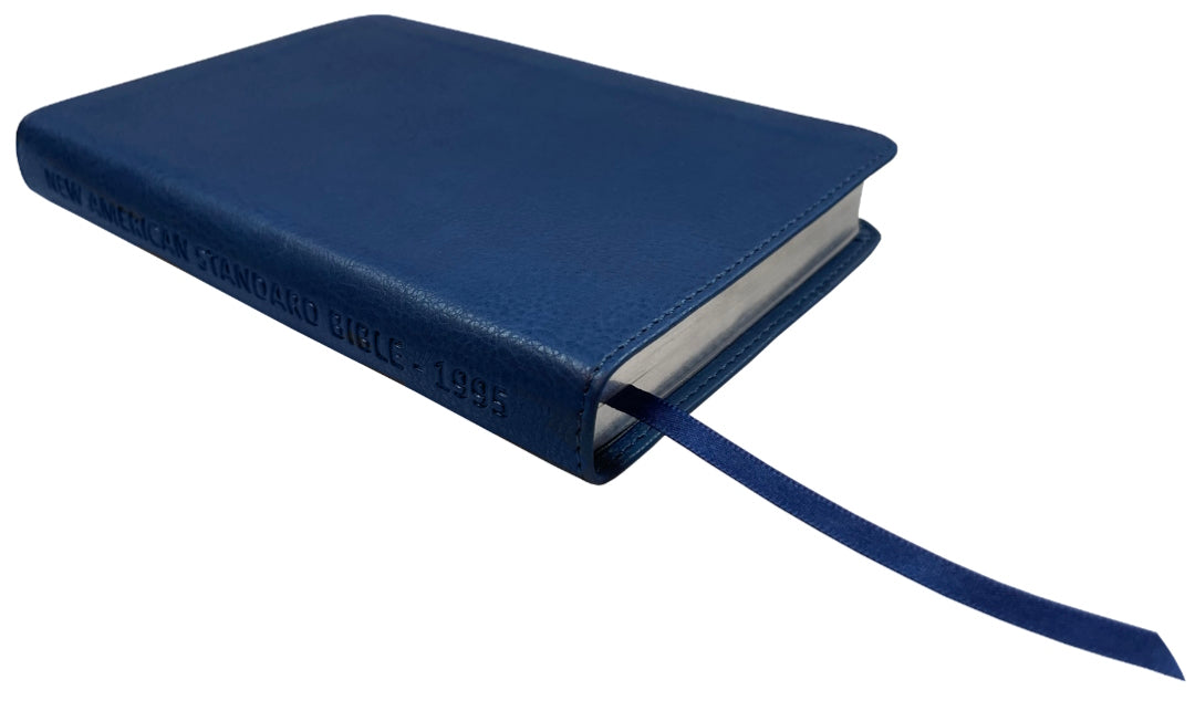 NASB 1995 Compact Text Bible, blue leathertex, angled side view with ribbon marker