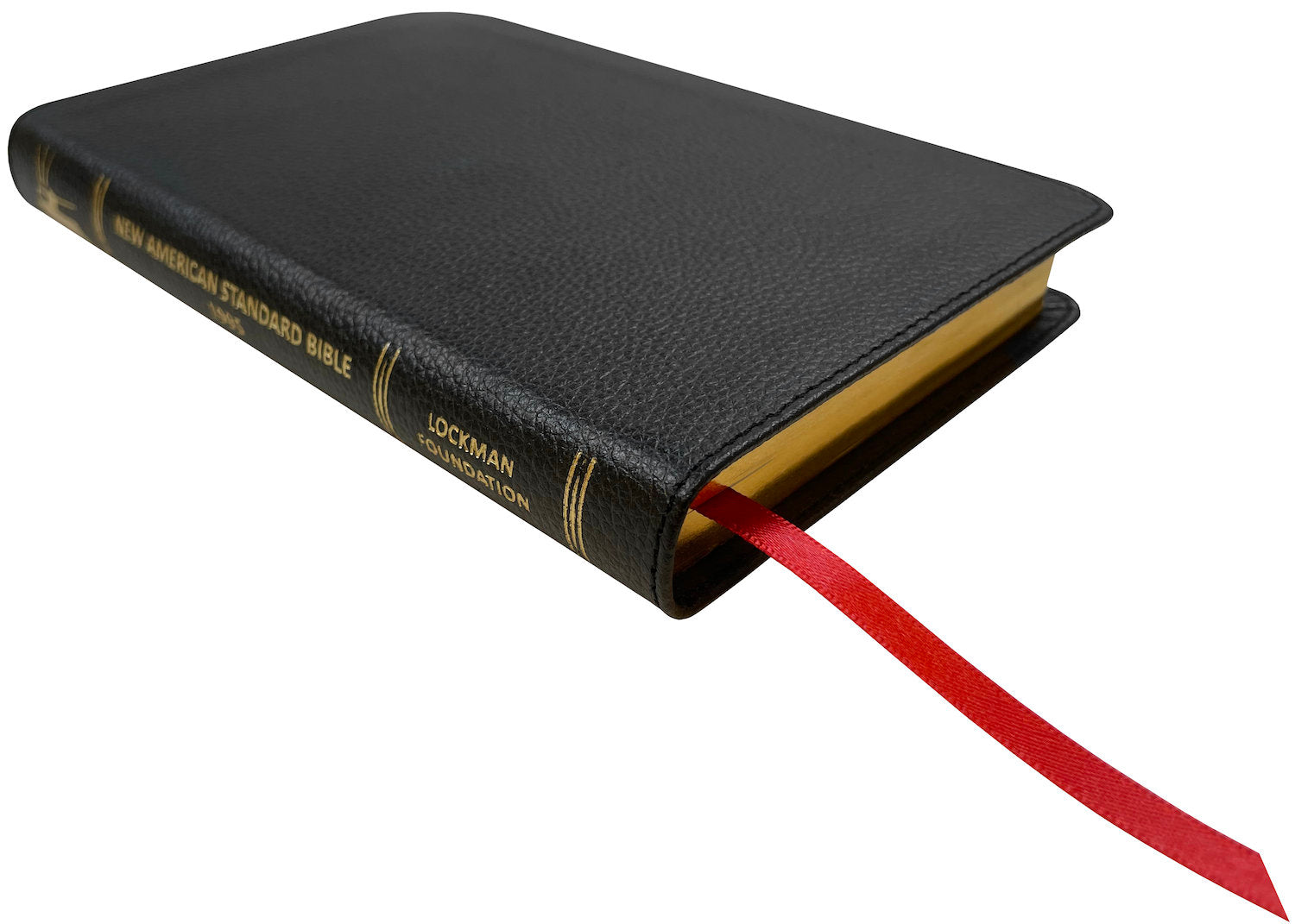 NASB 1995 Compact Text Bible, black genuine cowhide leather, angled side view with ribbon marker