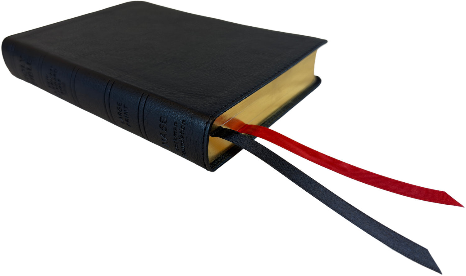 NASB 1995 Large Print Compact Bible, black leathertex, angled side view with ribbon markers