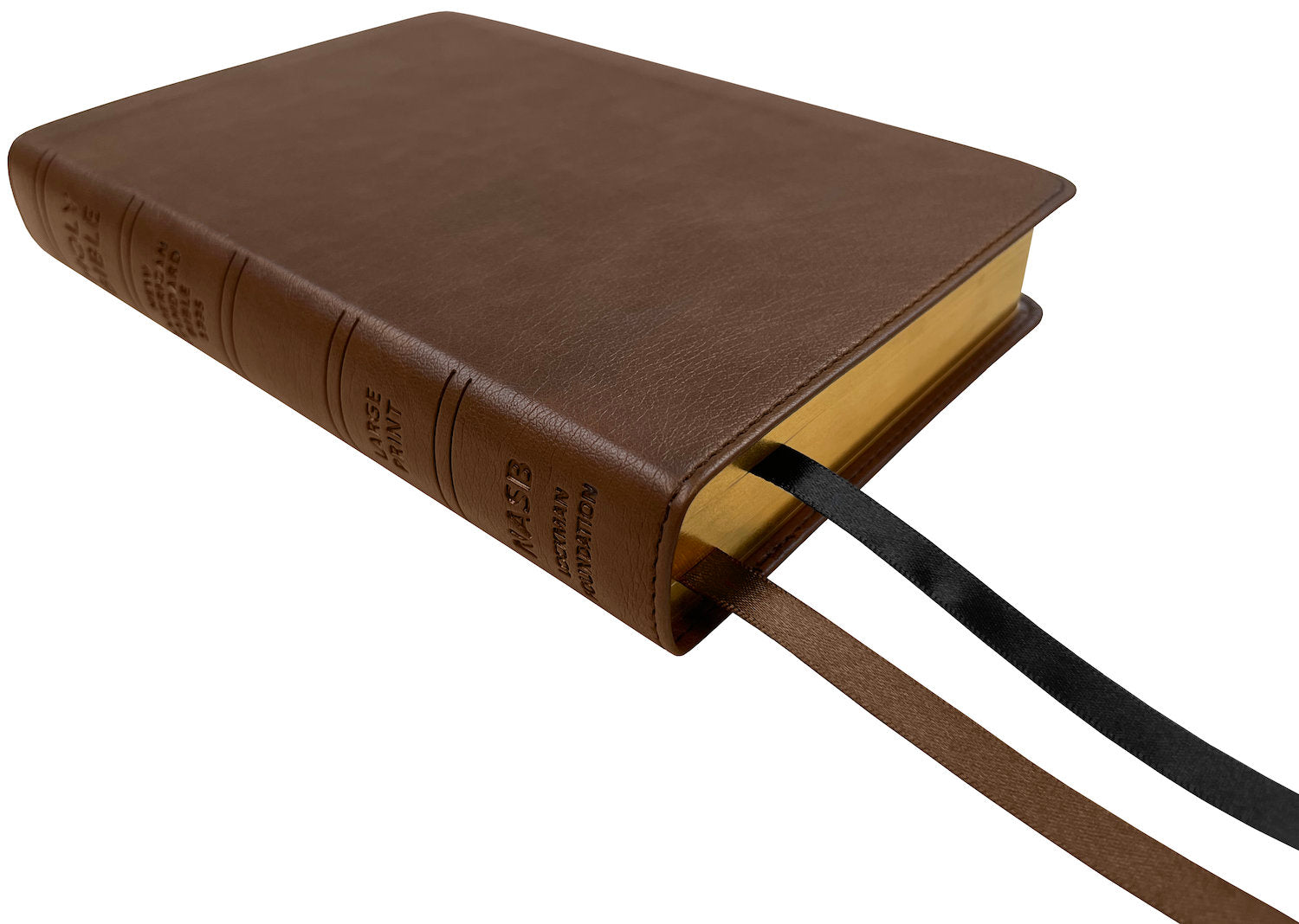 NASB 1995 Large Print Compact Bible, brown leathertex, angled side view with ribbon markers