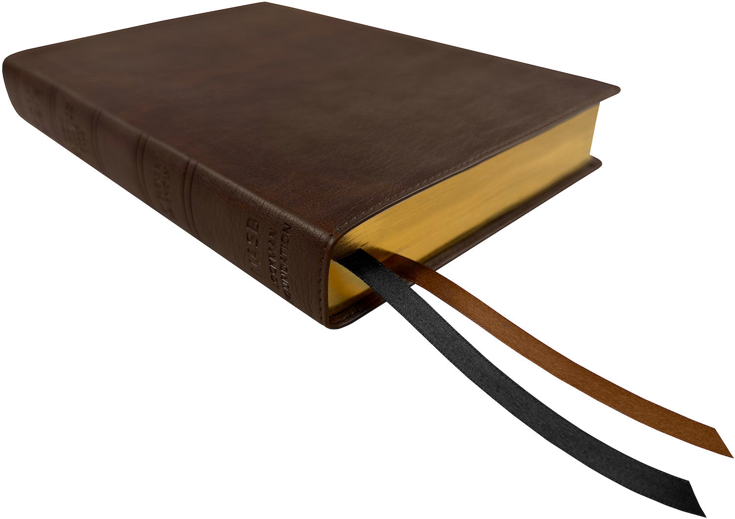 NASB 1995 Dyslexia Friendly Bible, brown leathertex, angled side view with ribbon markers