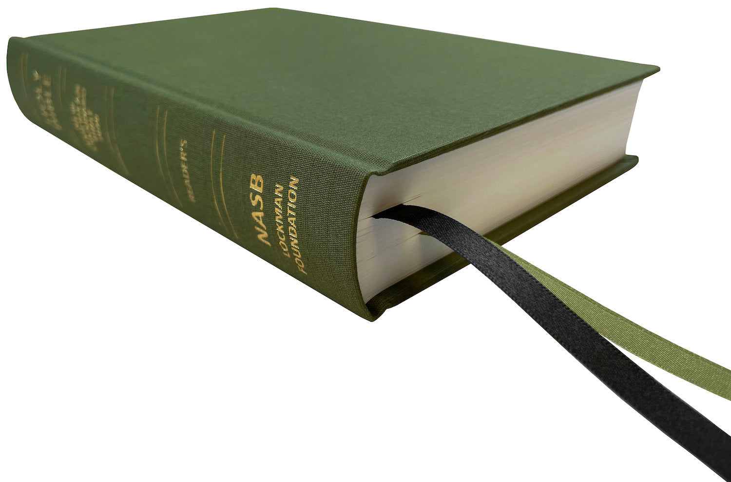 NASB 2020 Reader's Bible, olive linen hardcover, angled side view with ribbon markers