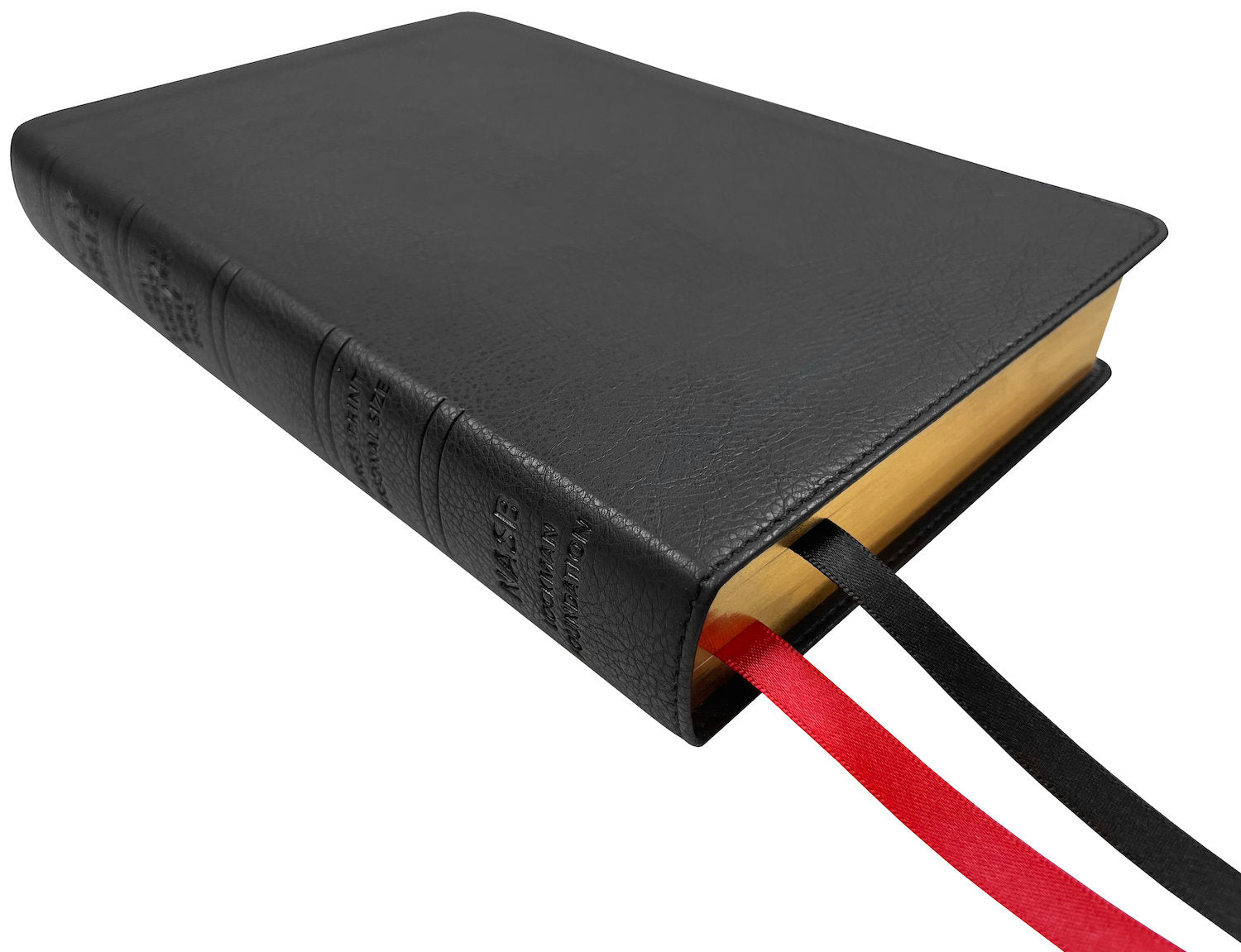 NASB 2020 Large Print Personal Size Bible, black leathertex, angled side view with ribbon markers