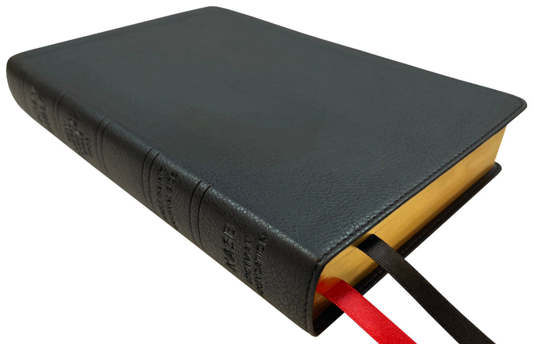 NASB 2020 Large Print Personal Size Bible, black leathertex, angled side view with ribbon markers