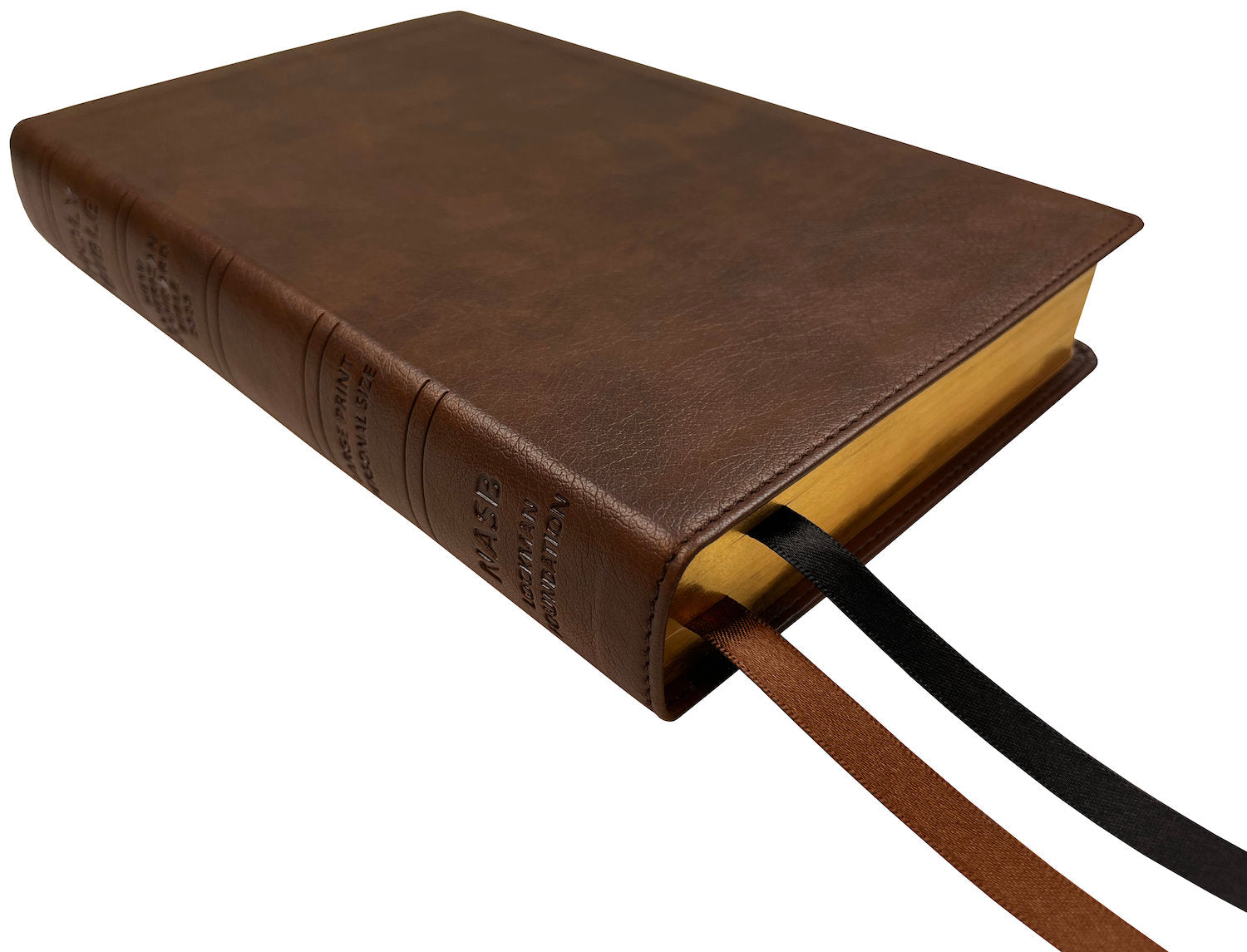 NASB 2020 Large Print Personal Size Bible, brown leathertex, angled side view with ribbon markers