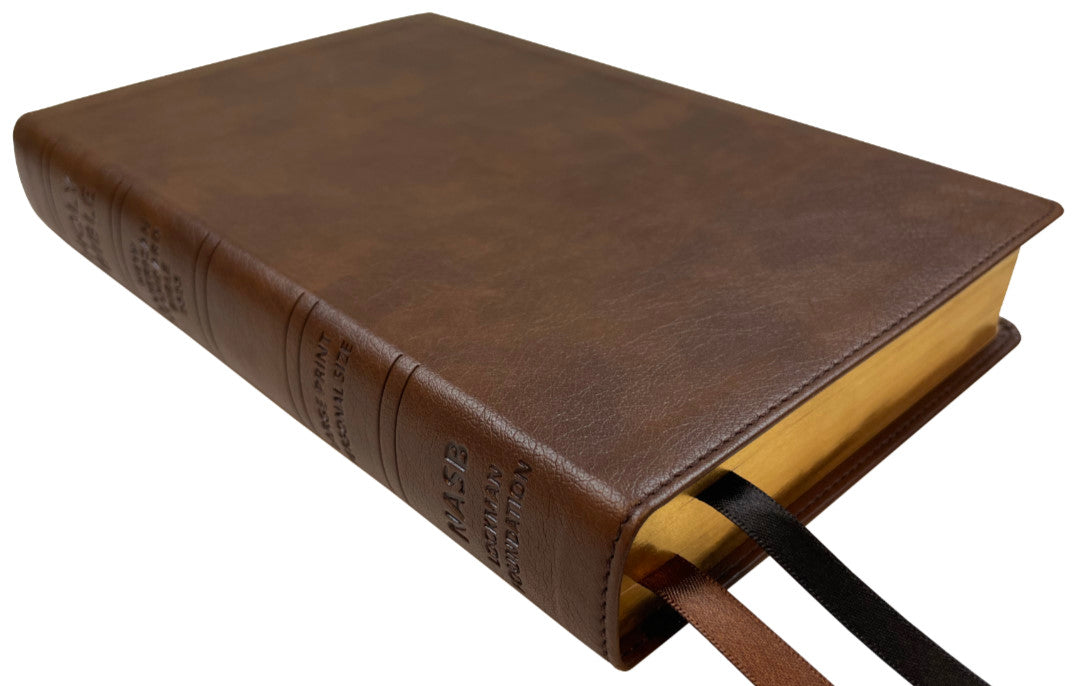 NASB 2020 Large Print Personal Size Bible, brown leathertex, angled side view with ribbon markers