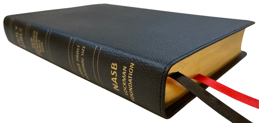 NASB 2020 Large Print Personal Size Bible, black genuine cowhide leather, angled side view with ribbon markers