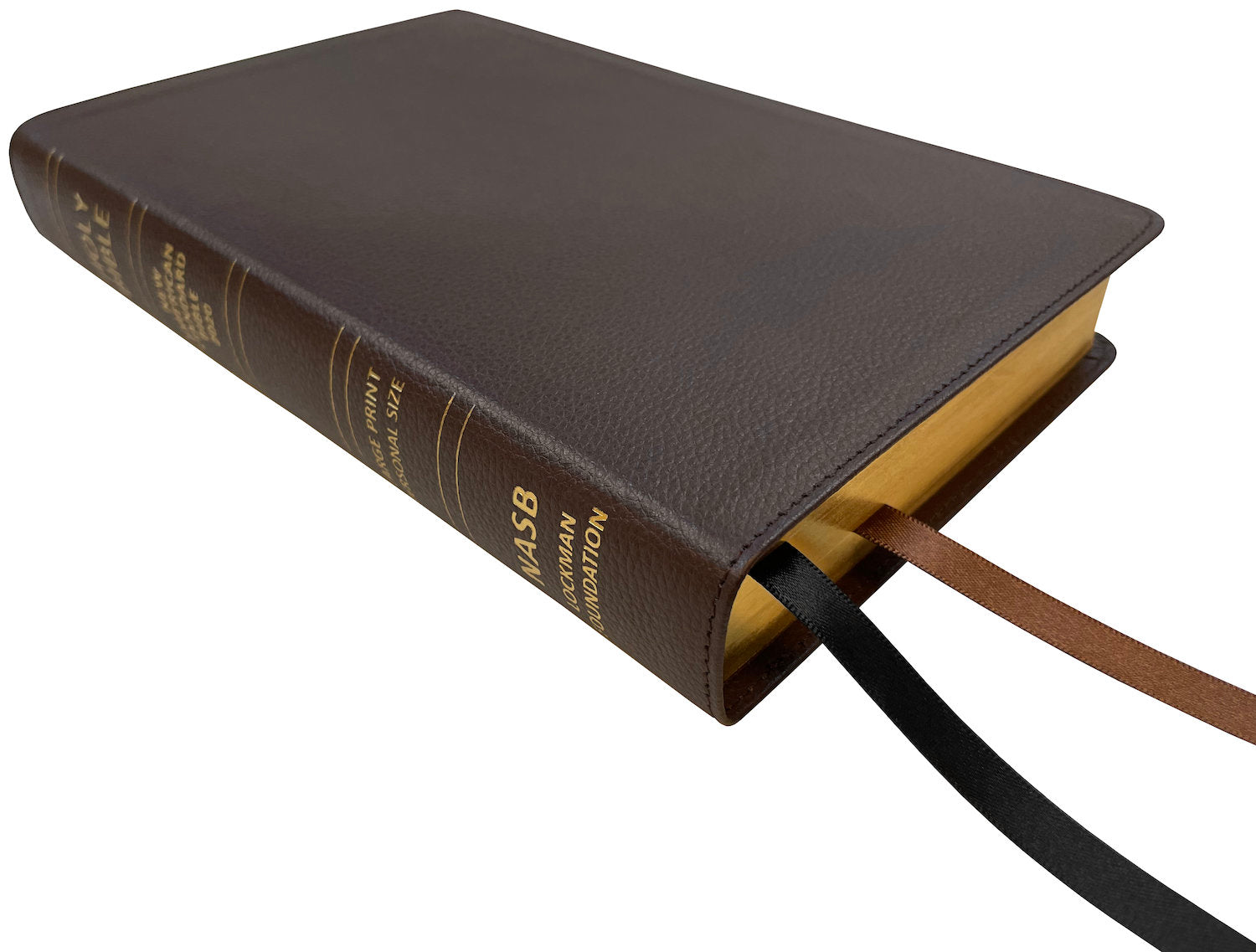 NASB 2020 Large Print Personal Size Bible, brown genuine cowhide leather, angled side view with ribbon markers