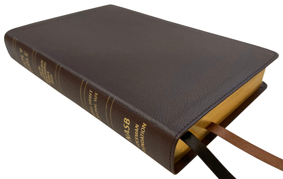 NASB 2020 Large Print Personal Size Bible, brown genuine cowhide leather, angled side view with ribbon markers