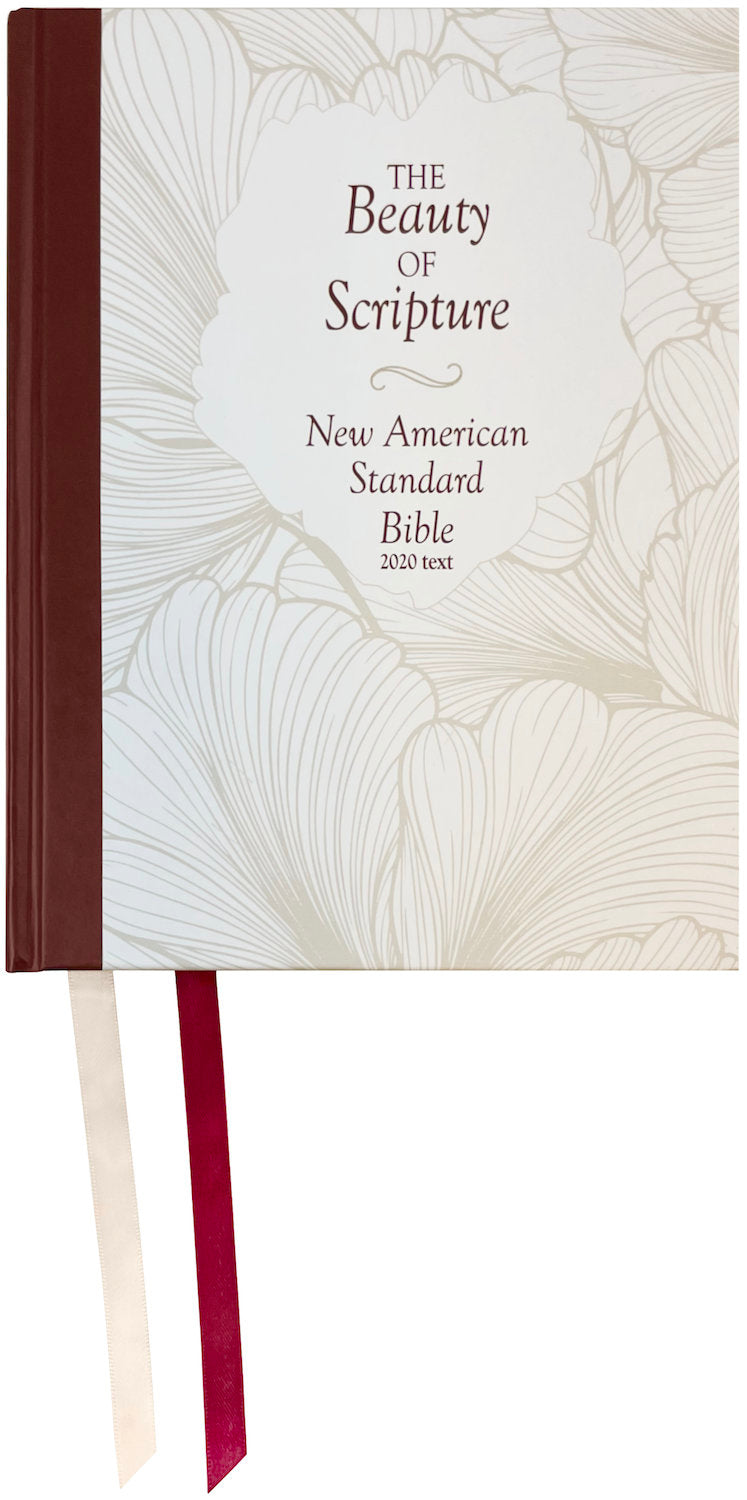 NASB 2020 Beauty of Scripture Bible, cream and burgundy hardcover with special floral design and ribbon markers