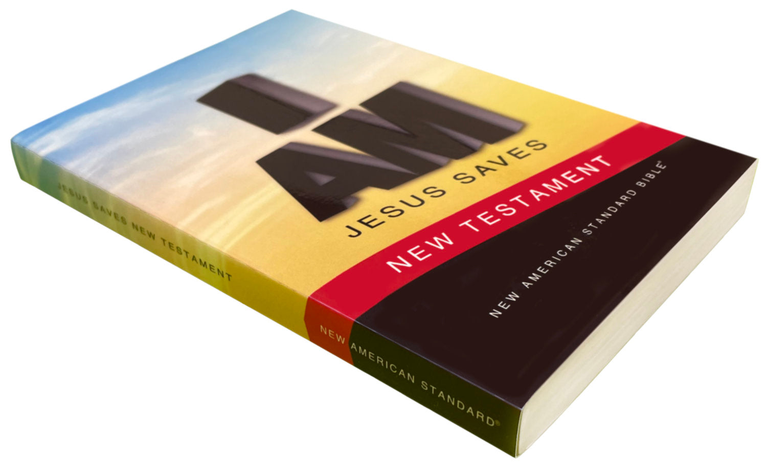 NAS 2020 Jesus Saves New Testament, colorful paperback cover, angled side view