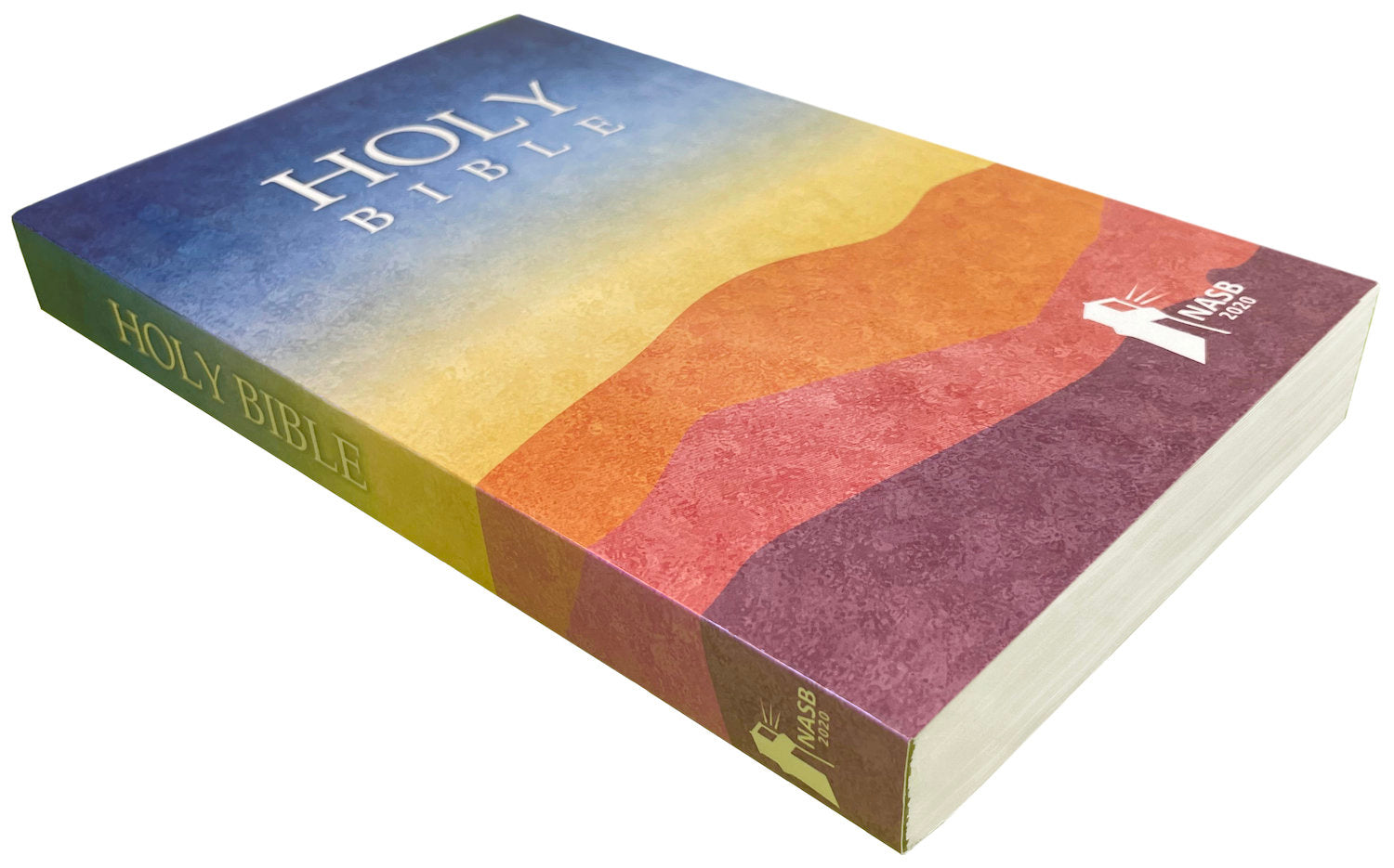 NASB 2020 Outreach Bible, colorful paperback cover, angled side view