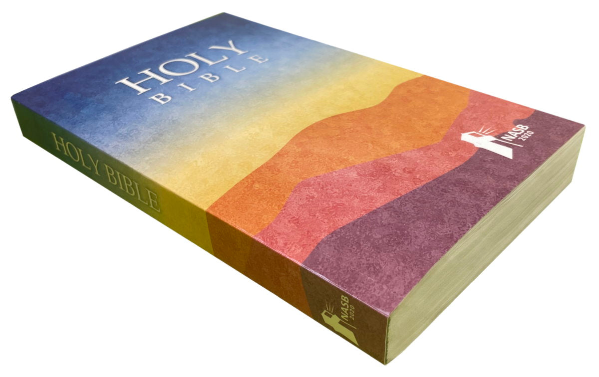 NASB 2020 Outreach Bible, colorful paperback cover, angled side view