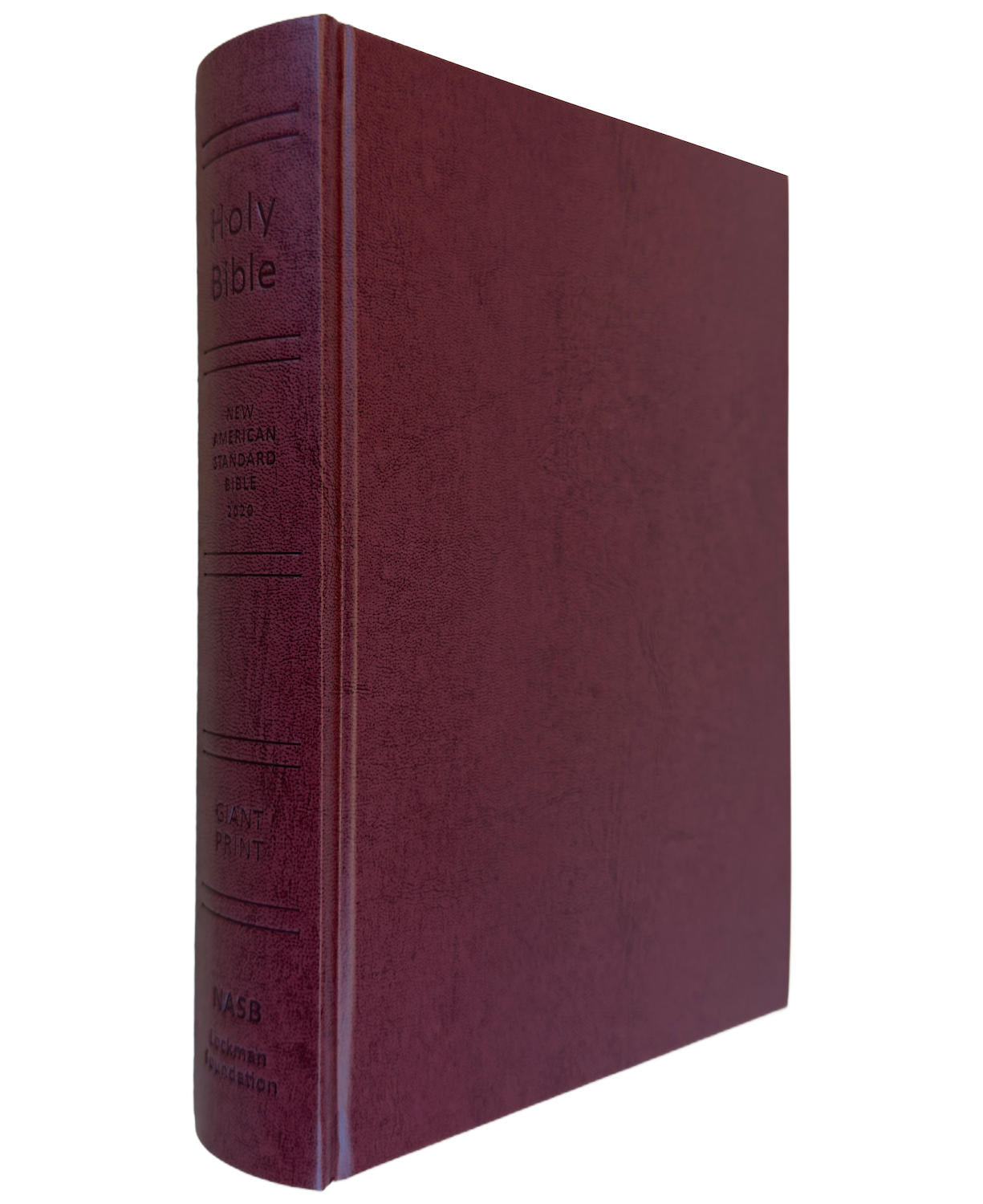 NASB 2020 Giant Print Text Bible, burgundy hardcover, angled side view