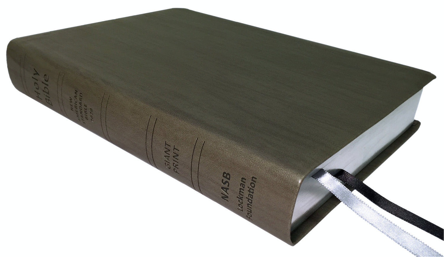 NASB 2020 Giant Print Text Bible, gray leathertex, angled side view with ribbon markers