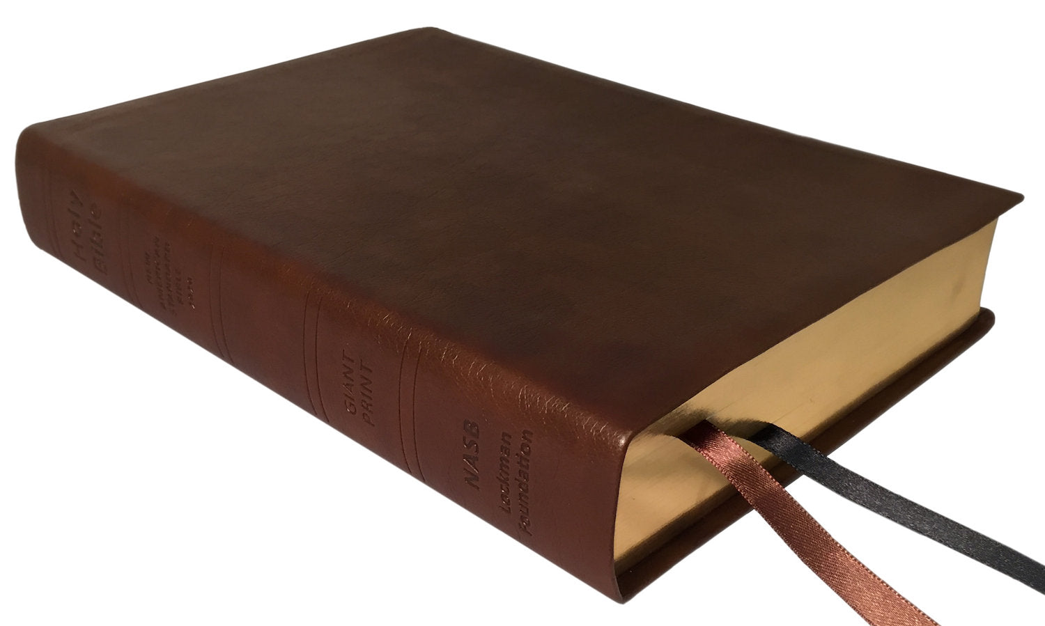 NASB 2020 Giant Print Text Bible, brown leathertex, angled side view with ribbon markers