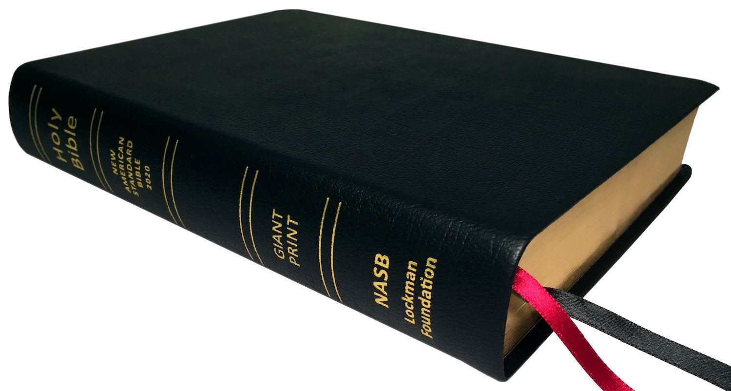 NASB 2020 Giant Print Text Bible, black genuine cowhide leather, angled side view with ribbon markers