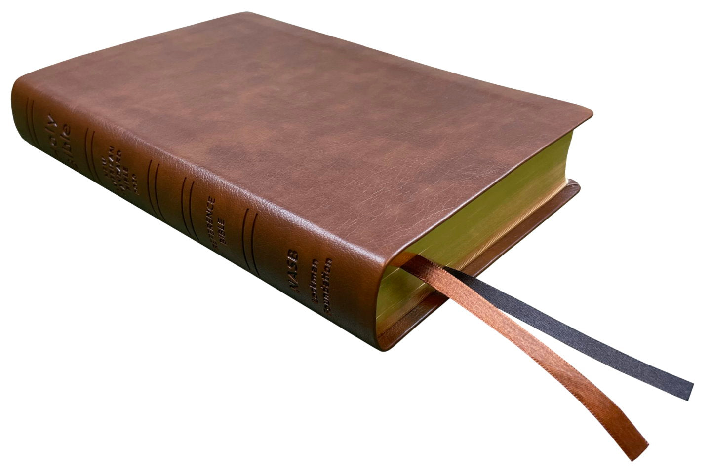 NASB 2020 Reference Bible, brown leathertex, angled side view with ribbon markers