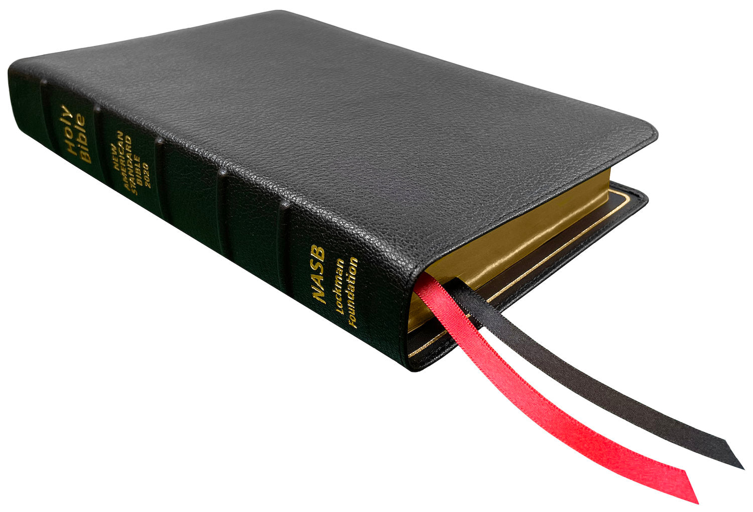 NASB 2020 Prime Reference Bible, black premium goatskin leather, angled side view with ribbon markers