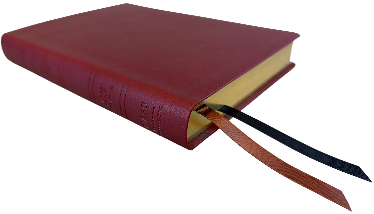 NASB 2020 Large Print Ultrathin Reference Bible, burgundy leathertex, angled side view with ribbon markers