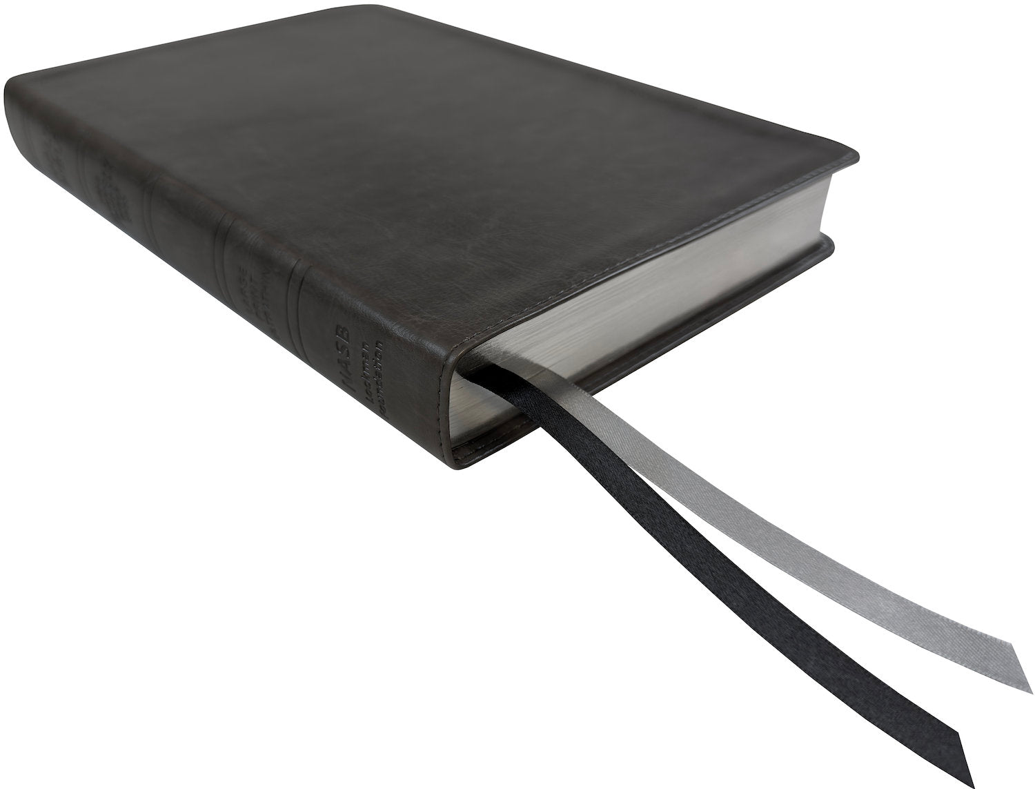 NASB 2020 Large Print Ultrathin Reference Bible, gray leathertex, angled side view with ribbon markers