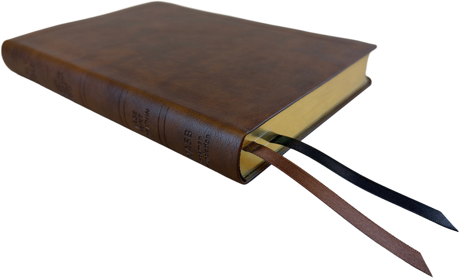 NASB 2020 Large Print Ultrathin Reference Bible, brown leathertex, angled side view with ribbon markers
