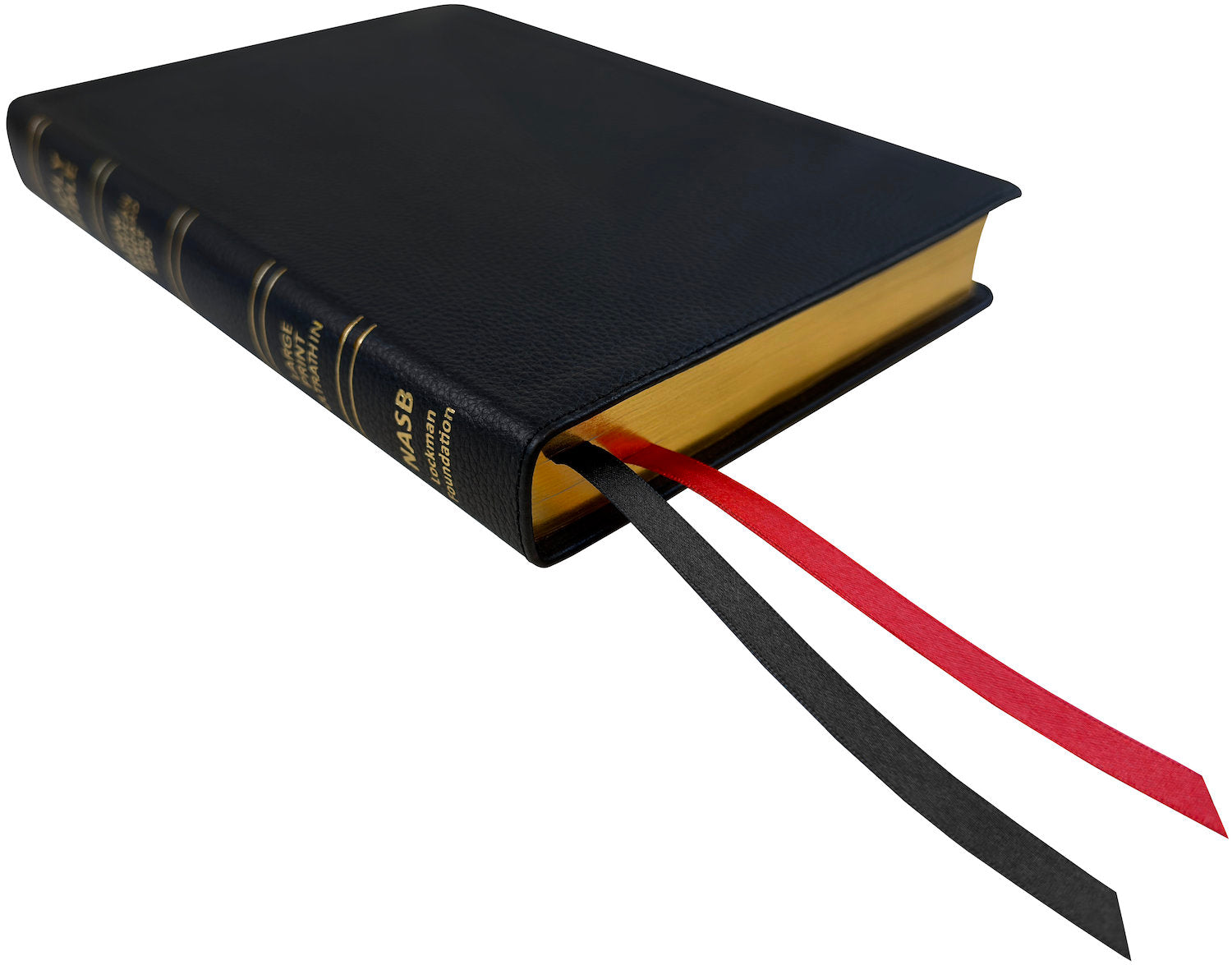 NASB 2020 Large Print Ultrathin Reference Bible, black genuine cowhide leather, angled side view with ribbon markers