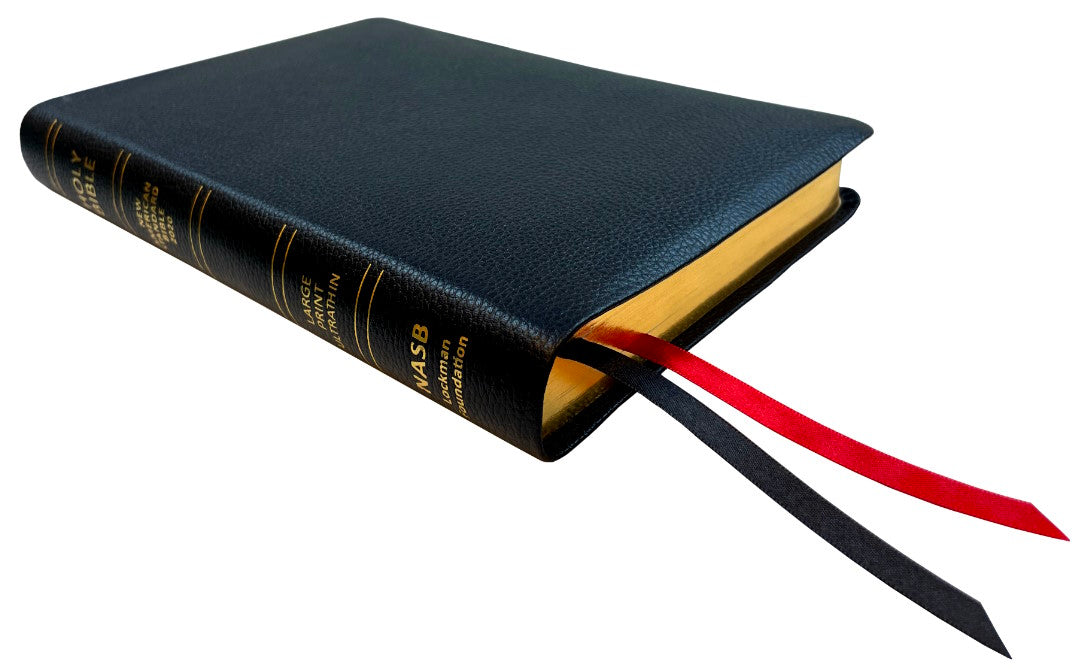 NASB 2020 Large Print Ultrathin Reference Bible, black genuine cowhide leather, angled side view with ribbon markers