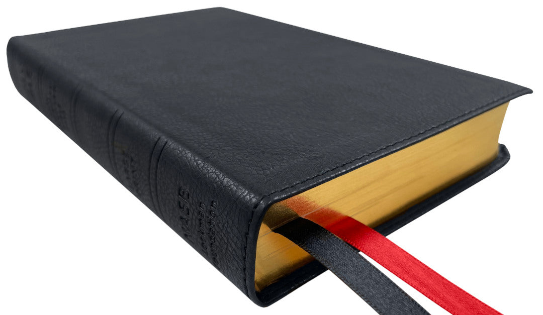 NASB 2020 Large Print Compact Bible, black leathertex, angled side view with ribbon markers