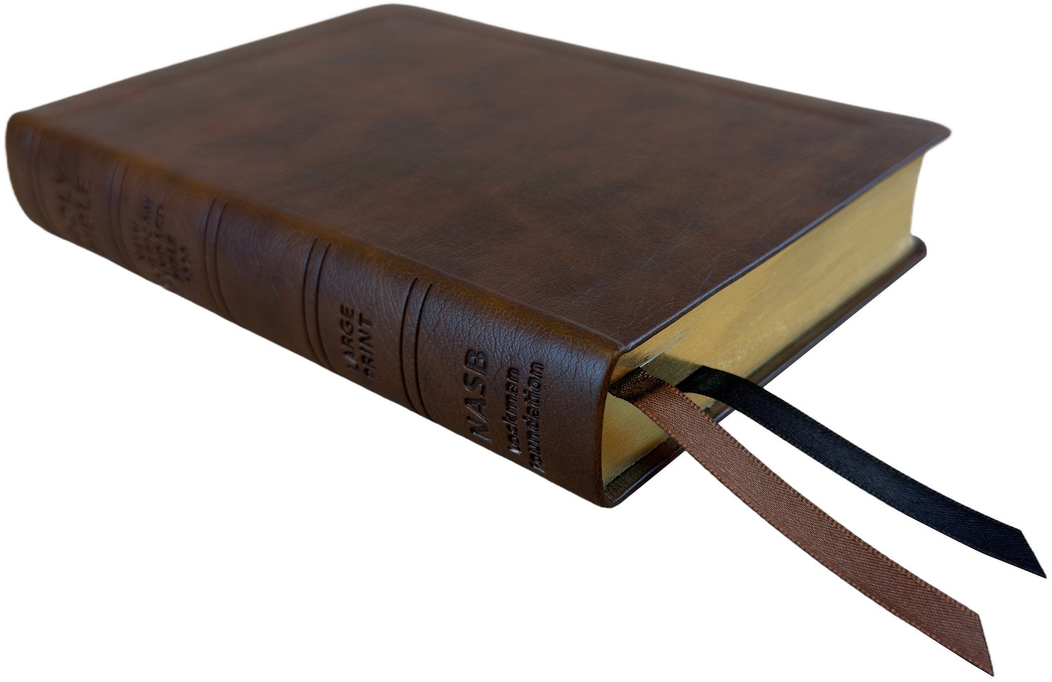 NASB 2020 Large Print Compact Bible, brown leathertex, angled side view with ribbon markers