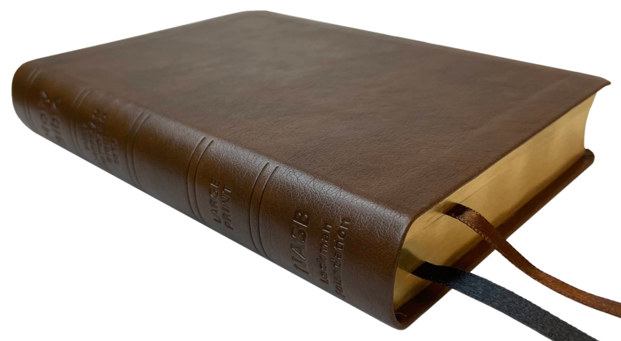 NASB 2020 Large Print Compact Bible, brown leathertex, angled side view with ribbon markers