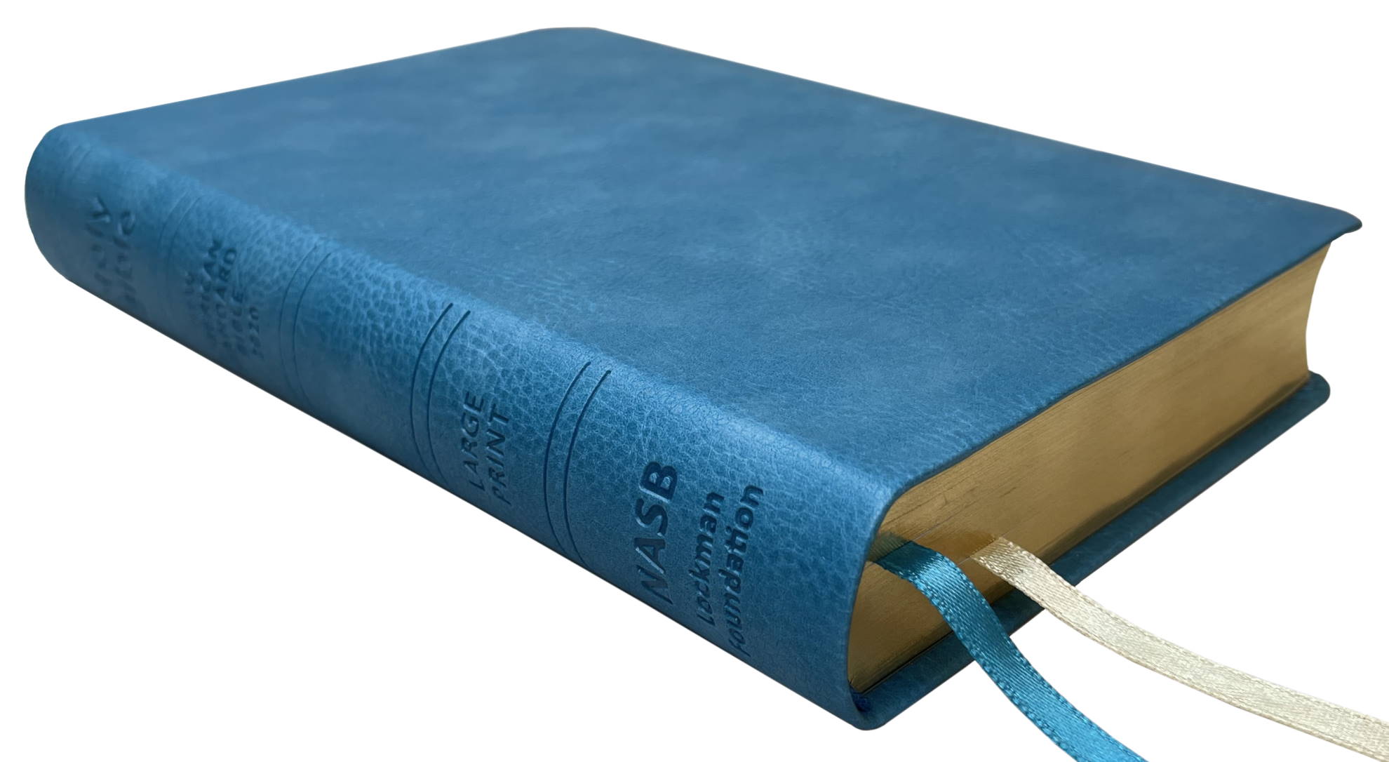 NASB 2020 Large Print Compact Bible, teal leathertex, angled side view with ribbon markers