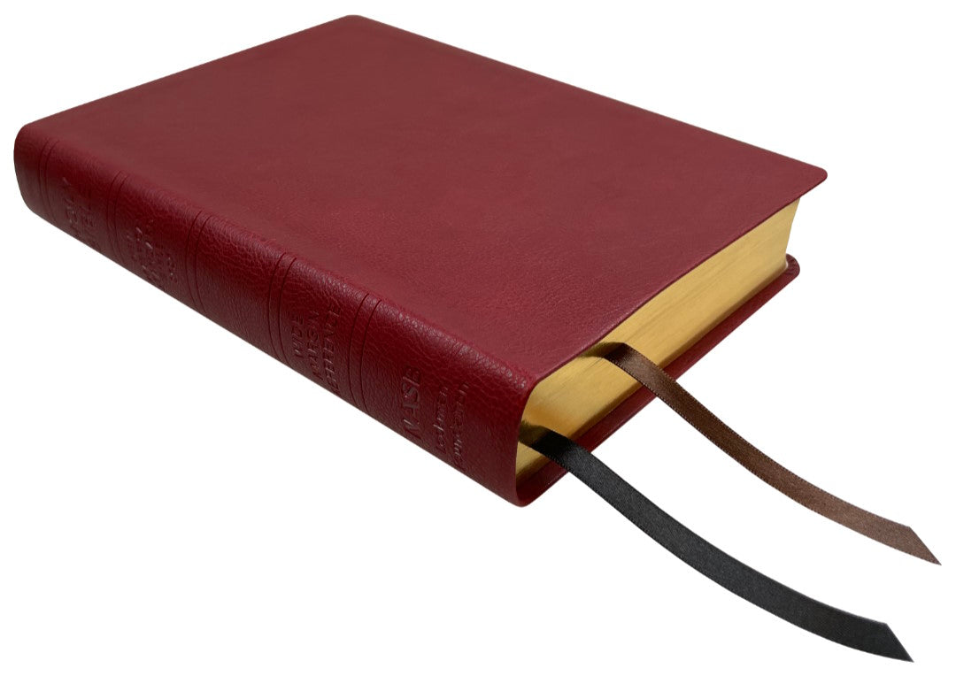 NASB 2020 Wide Margin Reference Bible, burgundy leathertex, angled side view with ribbon markers
