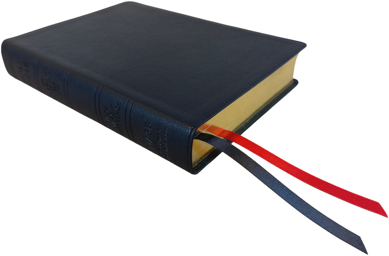 NASB 2020 Wide Margin Reference Bible, black leathertex, angled side view with ribbon markers