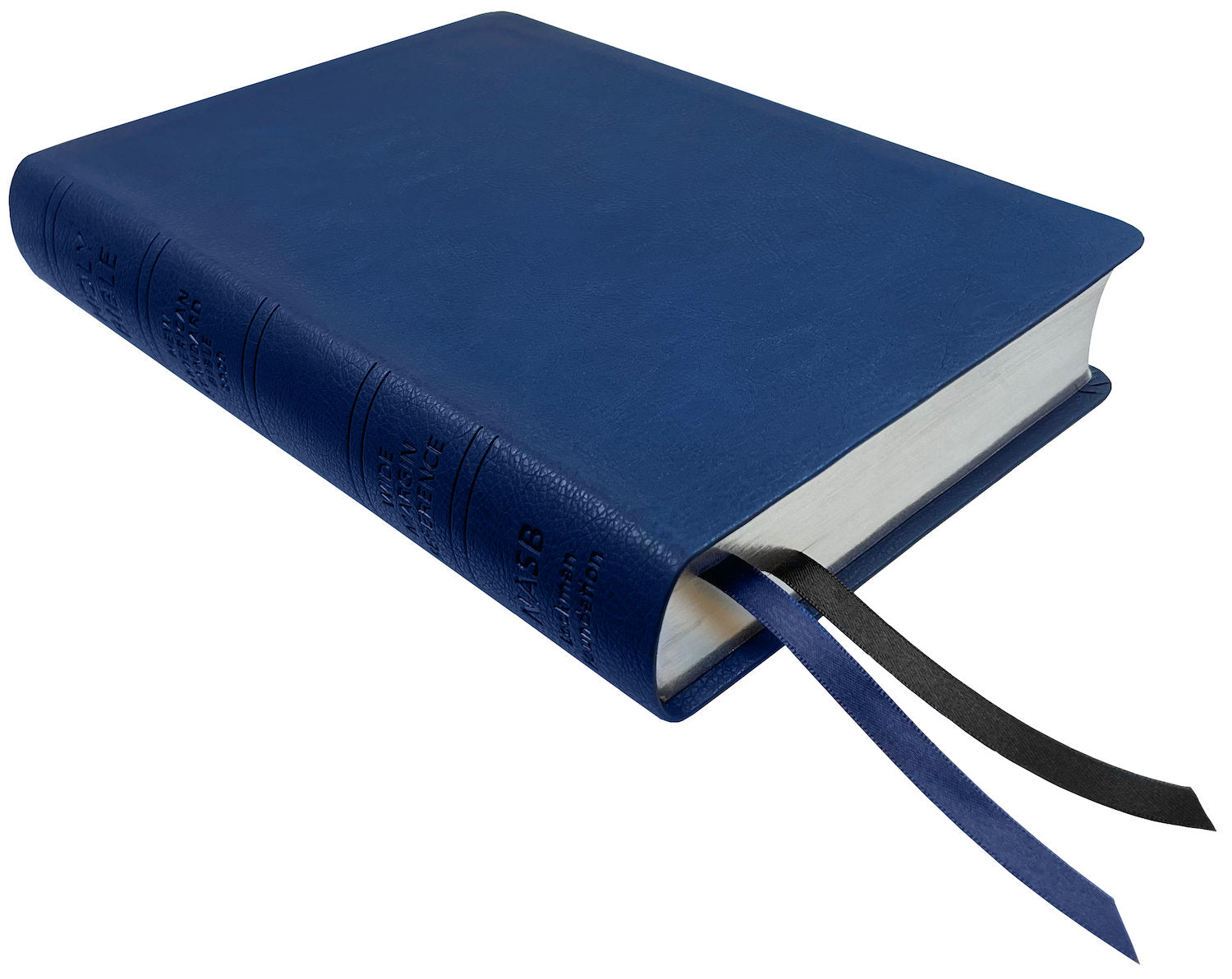 NASB 2020 Wide Margin Reference Bible, blue leathertex, angled side view with ribbon markers