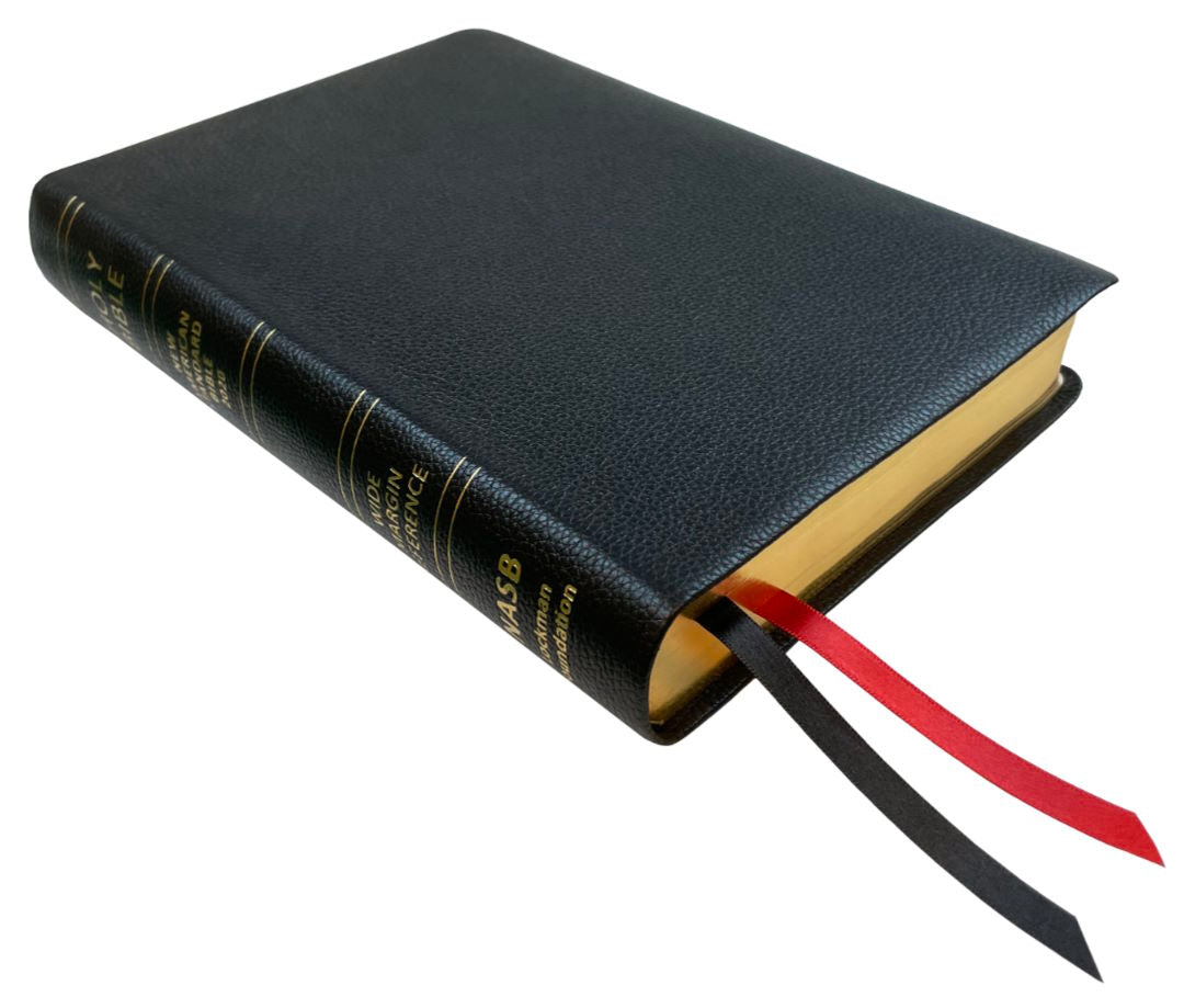 NASB 2020 Wide Margin Reference Bible, black genuine cowhide leather, angled side view with ribbon markers