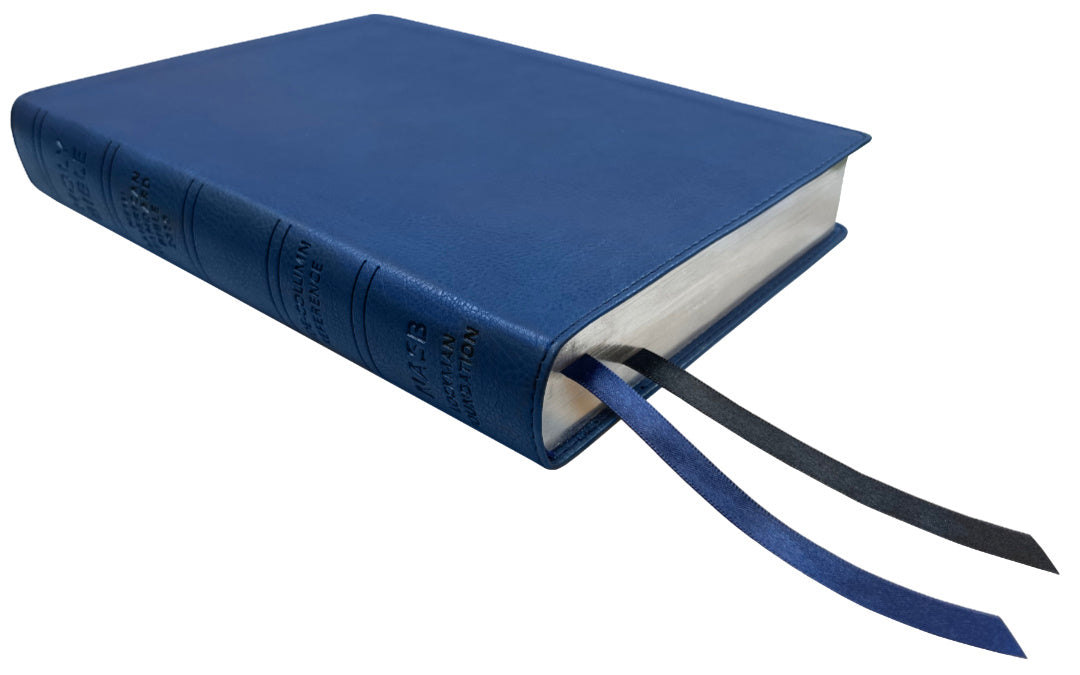 NASB 2020 Side Column Reference Bible, blue leathertex, angled side view with ribbon markers