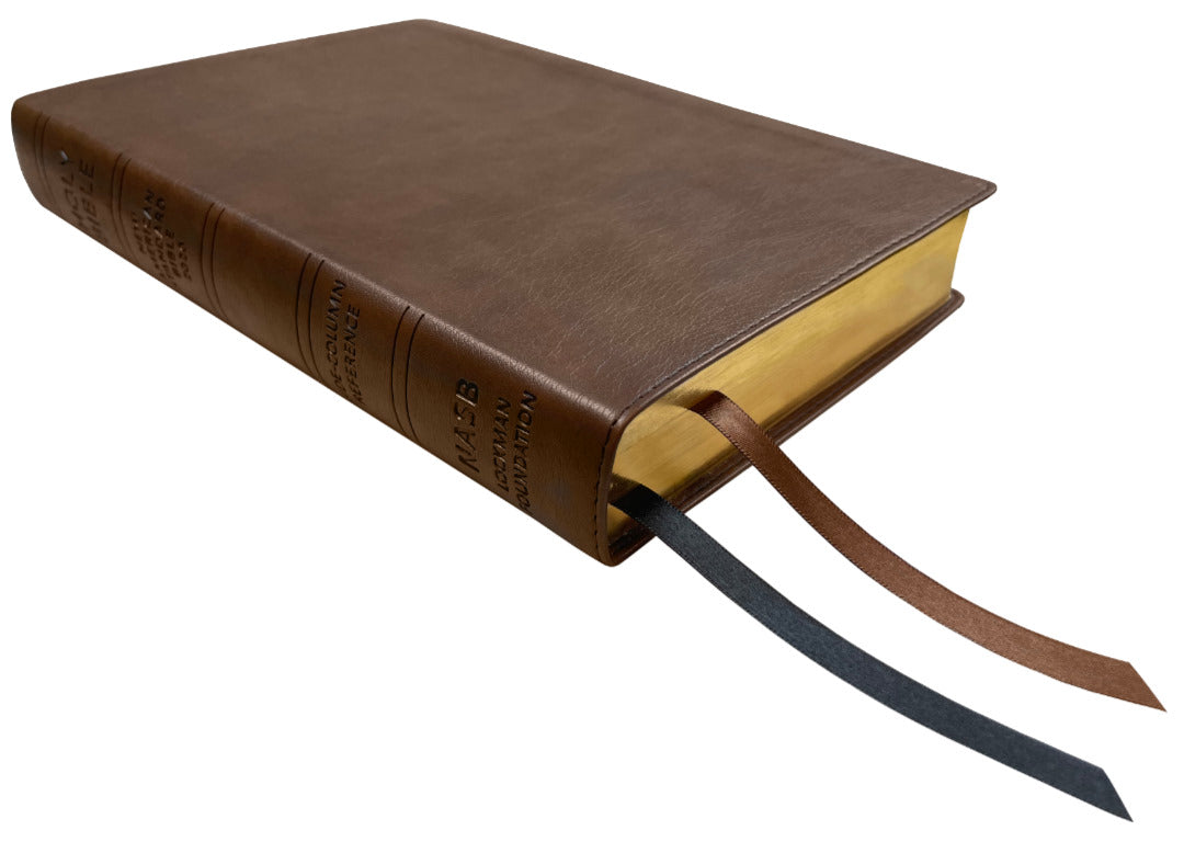 NASB 2020 Side Column Reference Bible, brown leathertex, angled side view with ribbon markers